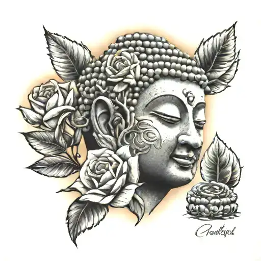 Buddah Head With Roses Outside And A Tree With Lights