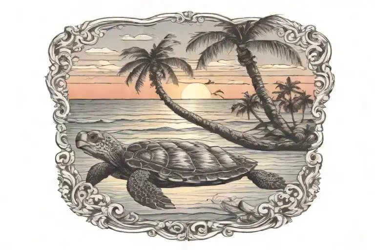 Turtle Sunset Palm Tree Ocean Scene