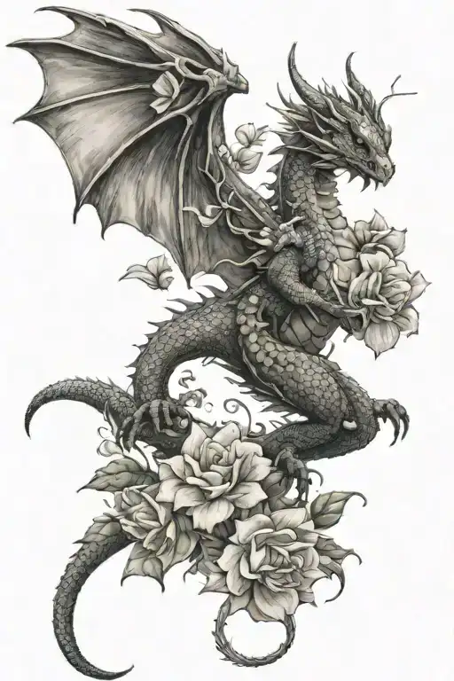 A Small Dragon Flying Upwards And Flowers On The Sides