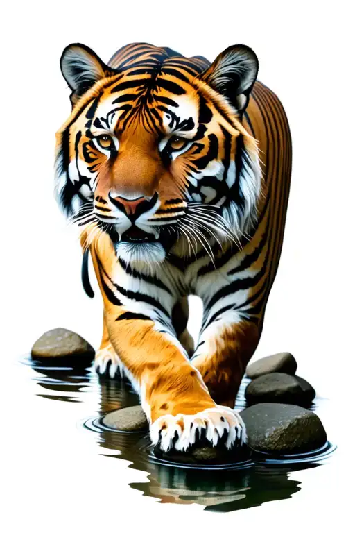 A Model Of A Tiger Walking On Stones In The Lake