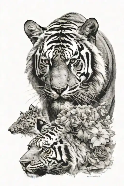 A Tiger Head And A Black Bear Head Next To Each Other