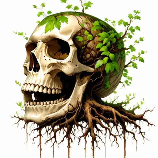 Skull With Tree Roots Growing From The Base