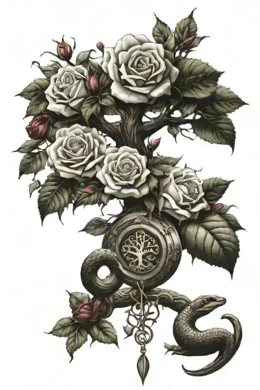 Tree Of Life With Roses Blooming And Money And A Snake