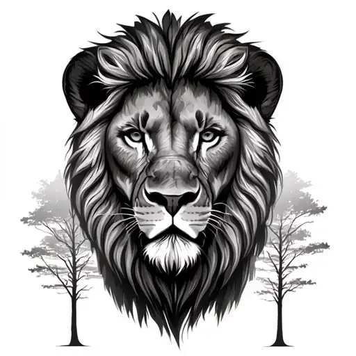 Lion Head With Trees In Background Black