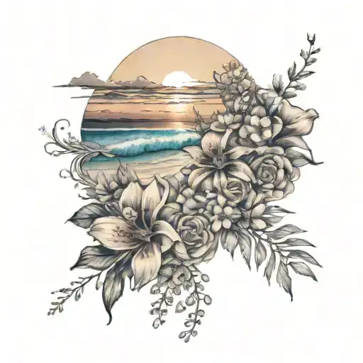 A Realistic Tattoo Of A Beach Sunset With A Bouquet Of Various Flowers In The Foreground