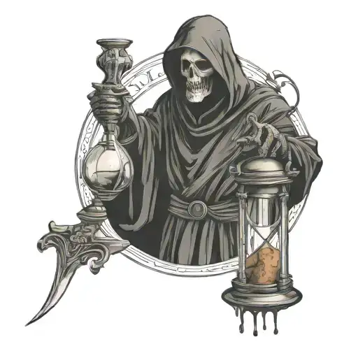 A Grim Reaper With Sytche On The Back And Holding Small Hour Glass With One Hand