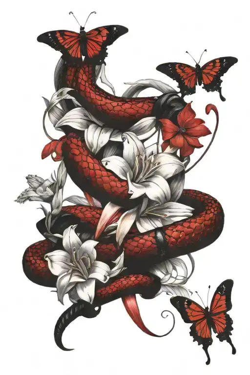 Red Snake Wrapped Around A Black Dagger Surrounded By Red Butterflies And Lillies