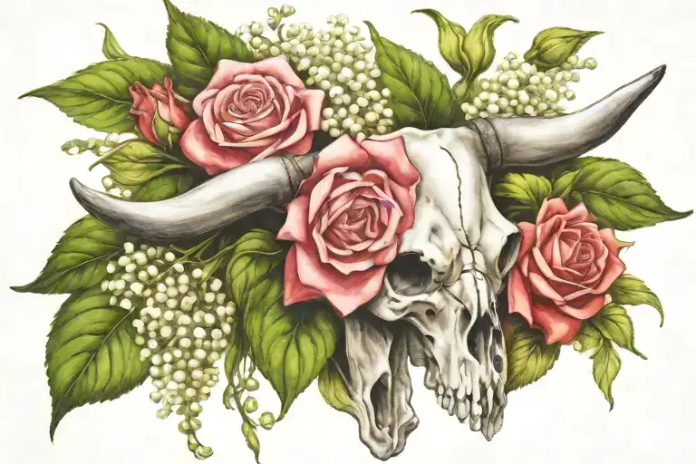 Hawthorn Flower A Lilly Of The Valley A Rose Draped Over A Bull Skull