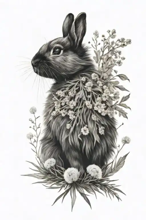 A Black Lionhead Bunny With A White Chest Surrounded By Dandelions And Pine Needles