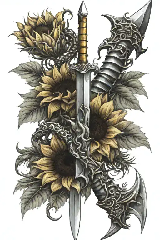 Spine Sword With Snake Wrapped And Sunflowers