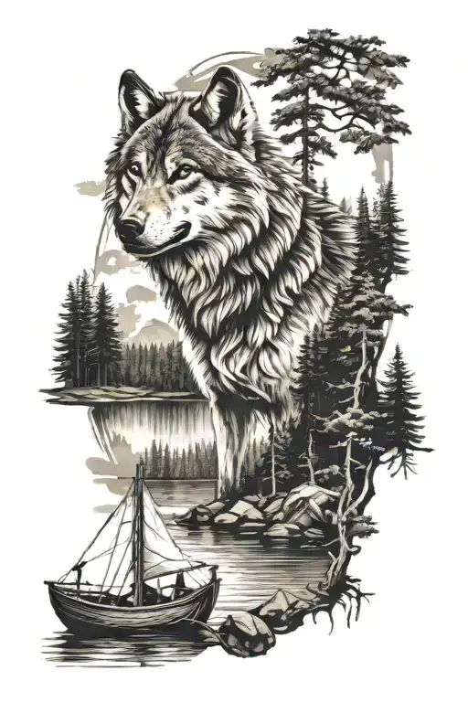Wolf On Forearm Background Forest Lake And A Boat On The Lake