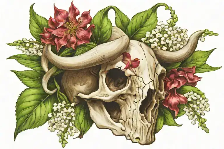 Hawthorn Flower A Lilly Of The Valley Draped Over A Bull Skull