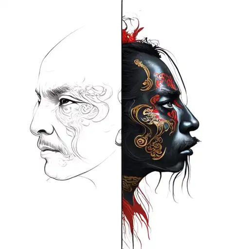 One Half Of Face On Right Side And Samurai Paint On Left Side