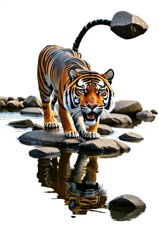 A Model Of A Tiger Walking On Stones In The Lake