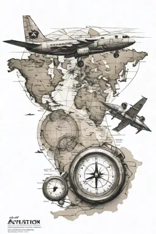 Aviation Themed Tattoo With Map And Aircraft Guages And Airplane Prop Coming Through The Map
