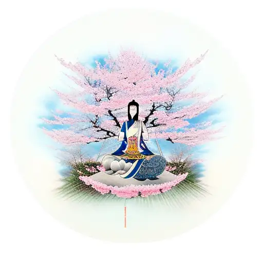 Gueixa Meditating Under A Blooming Sakura Tree
