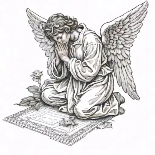 An Angel Praying At The Floor Looking Down