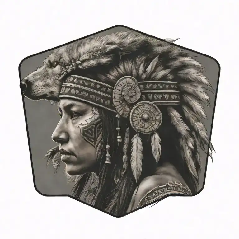 Profile View Of Native Female Warrior Wearing Wolf Headdress