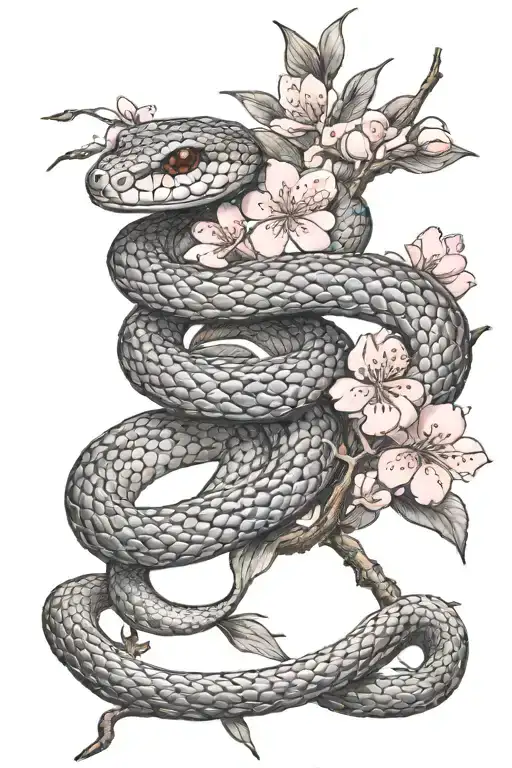 Snake Wrapped Around Cherry Blossom Branch
