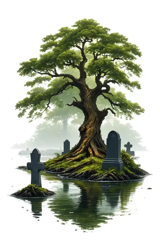 Poison Tree Surrounded By Grave Stones Across A River
