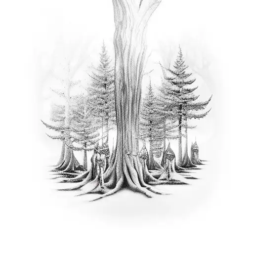 A Dark-themed Scene Featuring A Mystical Forest With Black Crows Perched On The Trees