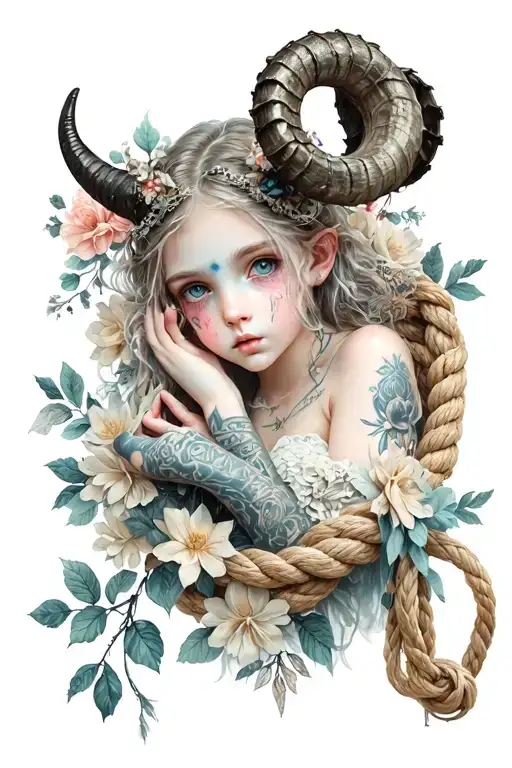Girl Tender Face Little Horn A Rope That Holds Her Hands And Floral Ornament With A Gothic Touch