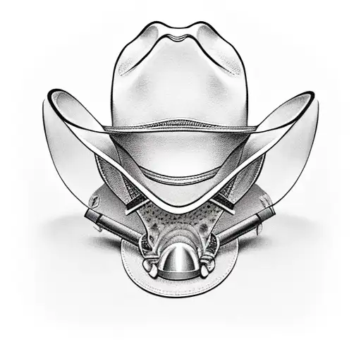 Horseshoe With Cowboy Hat Leaned One Side And Fireman's Helmet On The Other