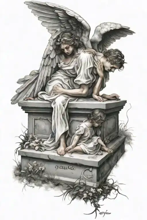 Guardian Angel Hugs A Girl Who Lies On The Grave