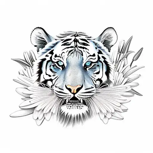 Tiger Surrounded By Lilies And Daisies And Humming Birds And Clouds