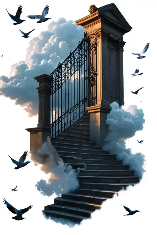 Staircase To Heaven Gates Surrounded By Clouds Doves Flying By