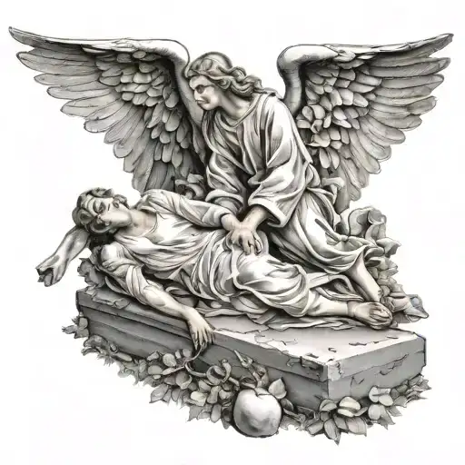 Guardian Angel Man Near A Girl Lying On The Grave