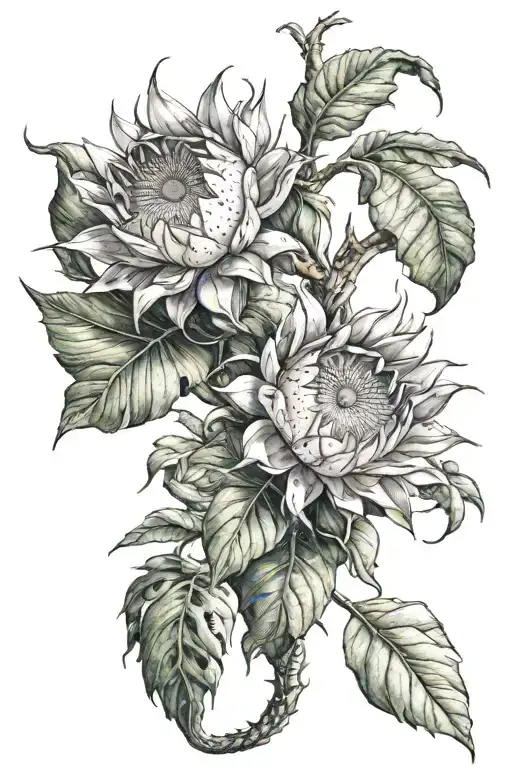 Dragonfruit Plant With Two Large Flowers And A Dragon Head On Top