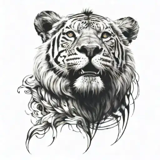 I Would Like A Lion Head Facing A Tiger Head On A Chest