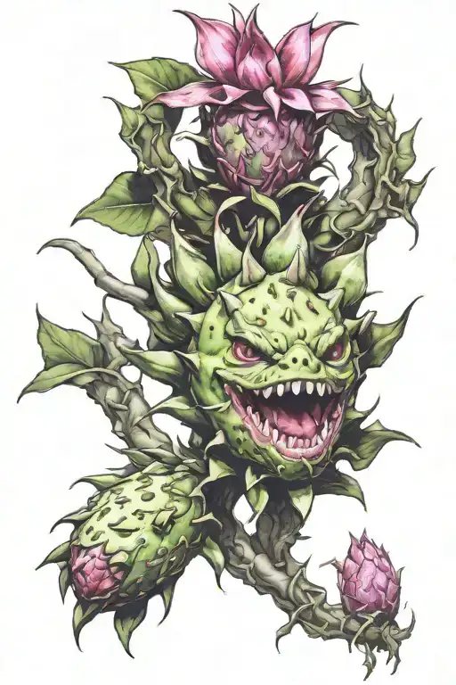 Dragonfruit Growing On Vine With Dragon Head On Top