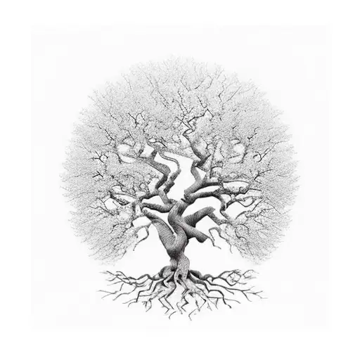 A Majestic Oak Tree Growing From The Earth With Its Roots Spreading Out In A Beautiful Pattern