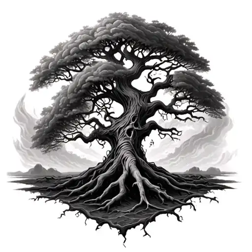 Posion Tree Relistic Black And White With Screaming Spirits
