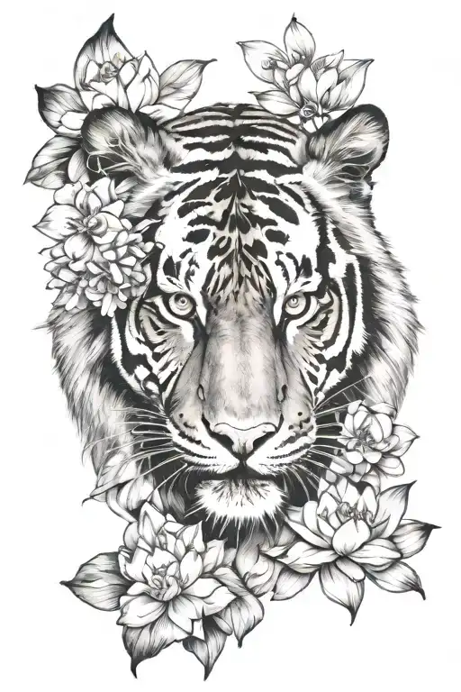 Tiger Face With Lotus Flowers