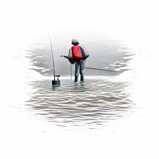 Man Fishing On A River With Album Covers Floatong Down It