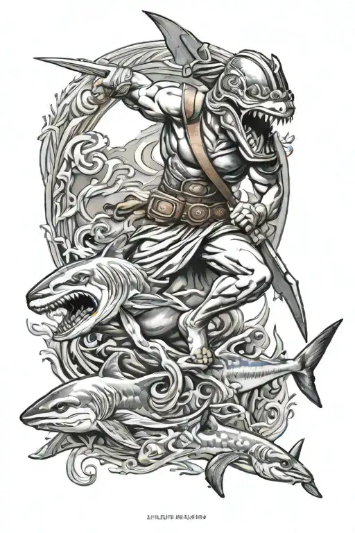 Ancient Greek Mythology Soldier Fighting With Shark