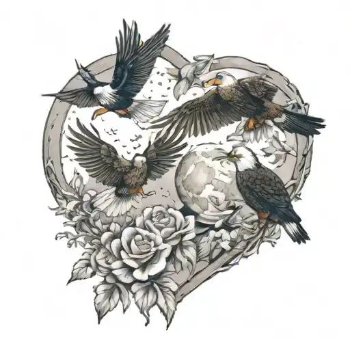A Dreamy Scene Of Hummingbirds And Bald Eagles Flying Around A Heart-shaped Moon