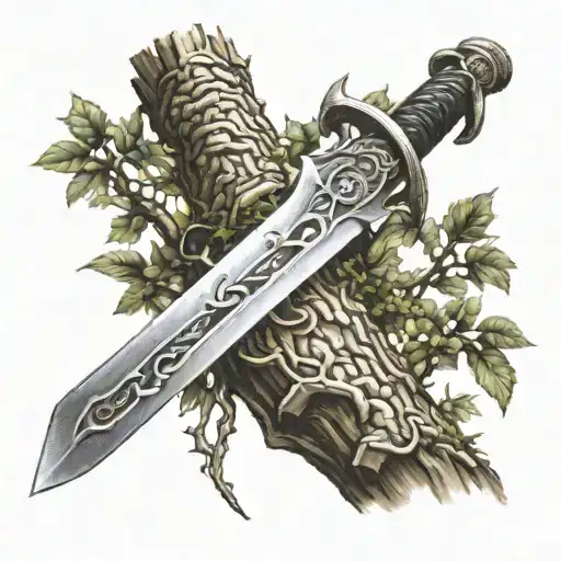 Large Sword Leaning On Tree Intertwined