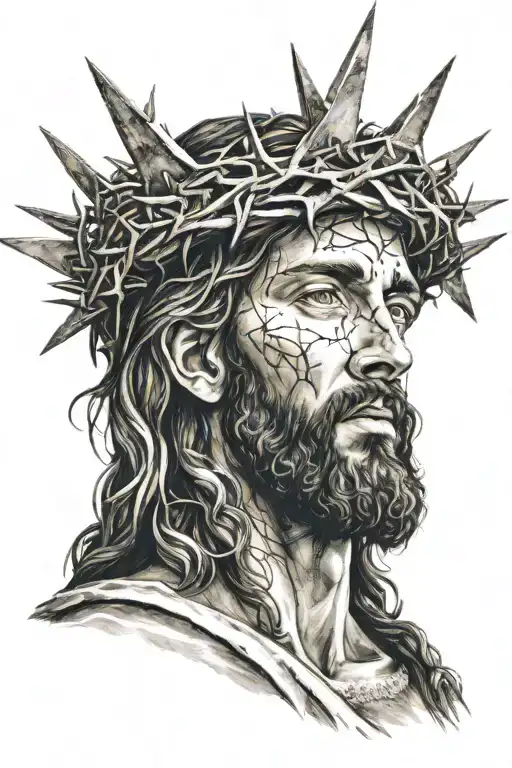 Jesus With His Thorn Crown With A Cross In The Center Of His Face