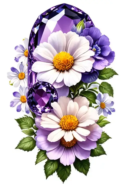 Rose And Violets And Daisies And Amethyst Gemstone