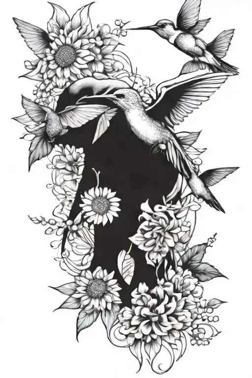 Hummingbirds Flying Over Baby Elephants With Sunflowers And Carnations At Their Feet Arm Sleeve