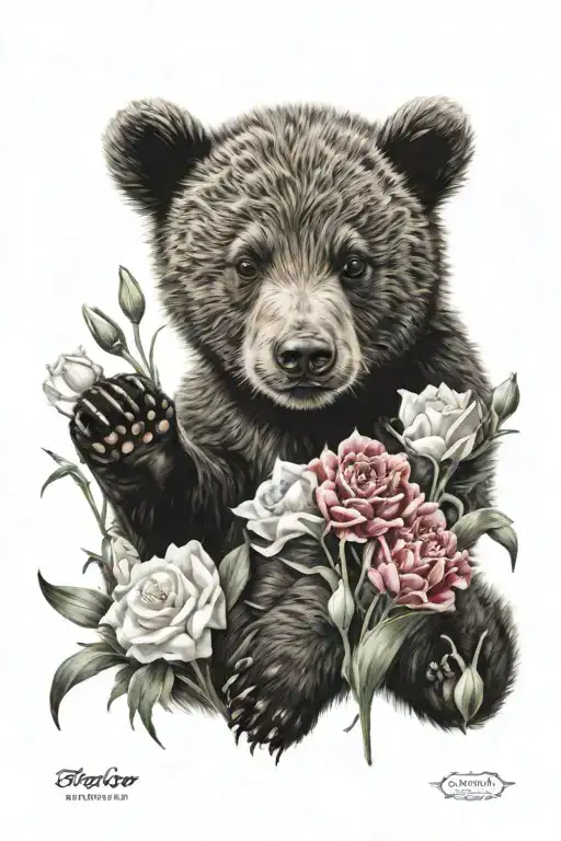 Bear Cub & Carnations & Snow Drops