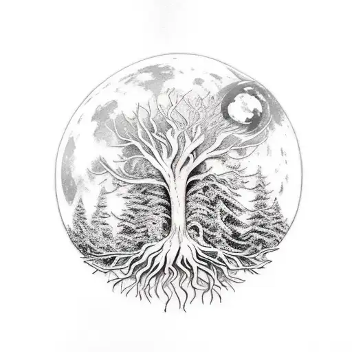 Worldtree As A Moon With Forest Wolf Raven