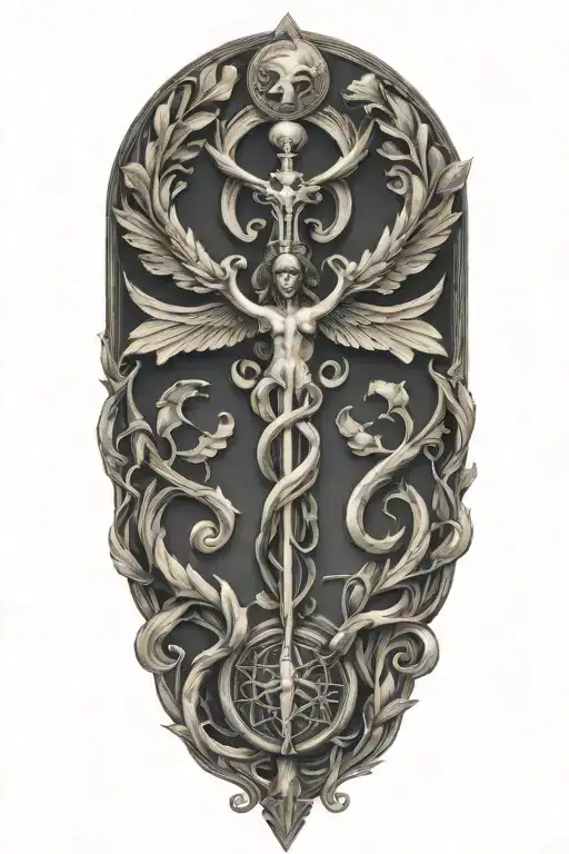 A Modern Interpretation Of The Caduceus Intertwined With Greek Mythological Symbols
