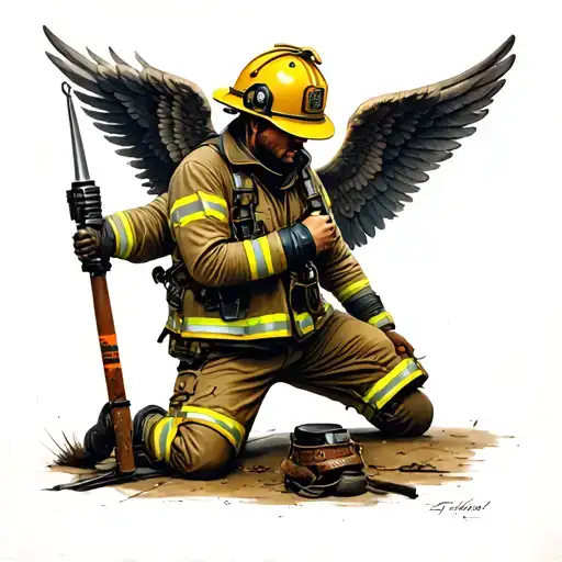 Firefighter With Angelwings Taking A Knee