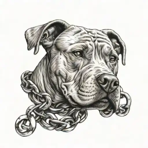 Pitbull With A Chain And A Wire In The Background