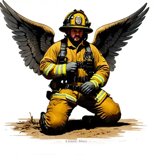 Firefighter With Angelwings Taking A Knee